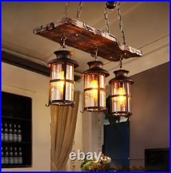 3-Lights Glass Chandelier Rustic Wooden Pendant Light for Kitchen Dinning Room