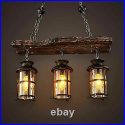 3-Lights Glass Chandelier Rustic Wooden Pendant Light for Kitchen Dinning Room