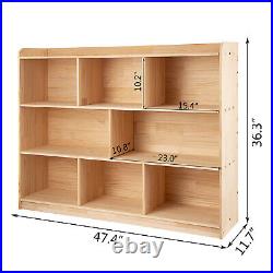 3-Tier Bookshelf 8-Section Wooden Bookcase Storage Organizer Shelf with Wheels