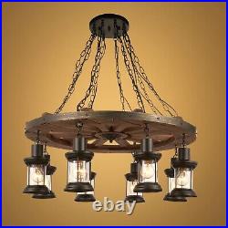 31.5 8-Lights Wagon Wheel Chandelier Wooden Pendant Lamp Rustic Ceiling Light