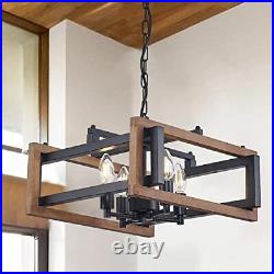 4 Light Farmhouse Chandelier, Rustic Wood Dining Room Light Fixture with