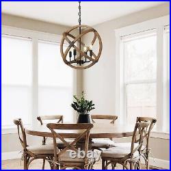 4-Light Farmhouse Wood Chandelier, Rustic Globe Dining Room Light Fixture Vin