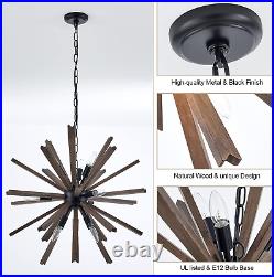 9-Light Sputnik Pendant Light Black, Farmhouse Wood Chandelier for Dining Room I