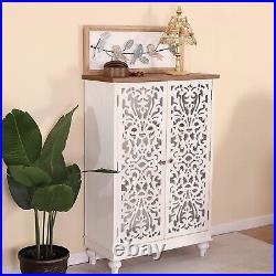 Accent Cabinet with 2 Doors 3-Tier Distressed Storage Cabinet Tall Hollow-Carved