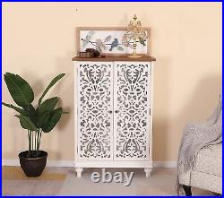 Accent Cabinet with 2 Doors 3-Tier Distressed Storage Cabinet Tall Hollow-Carved