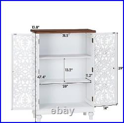 Accent Cabinet with 2 Doors 3-Tier Distressed Storage Cabinet Tall Hollow-Carved