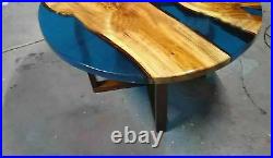 Blue Clear Epoxy Resin Acacia Wooden Cafeteria & bar Counter Table Handmade Deco