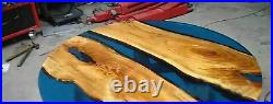 Blue Clear Epoxy Resin Acacia Wooden Cafeteria & bar Counter Table Handmade Deco