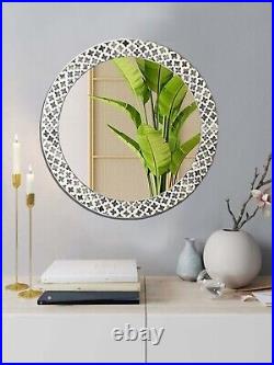 Bone Inlay Mirror Frame Handmade Quatrefoil Round Wood Modern Pattern Wall Décor
