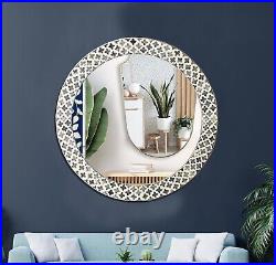 Bone Inlay Mirror Frame Handmade Quatrefoil Round Wood Modern Pattern Wall Décor