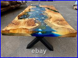 Custom Made Blue Epoxy Dining Table with Shells Resin River Coffee/Side Table