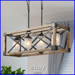 Farmhouse 4-Light Solid Wood Dining Room Chandelier Frosted Glass Shade
