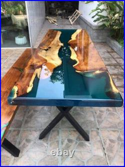Green Epoxy Resin River Custom Dining Table Handmade Natural Wood Tables Decors