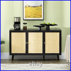 Kitchen Sideboard Buffet Cabinet with 3 Rattan Doors for Living Room, Black