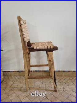 Moroccan bar stool in walnut wood seated in Camel leather, Kitchen chairs