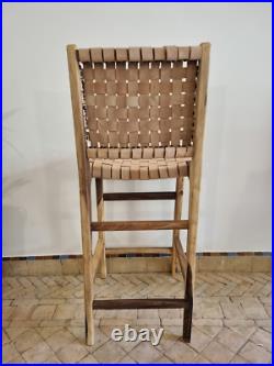 Moroccan bar stool in walnut wood seated in Camel leather, Kitchen chairs