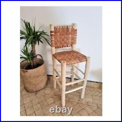 Moroccan bar stool made of laurel wood seated in Camel leather, Kitchen chairs