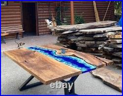 Walnut Dining Table, Custom Walnut Ocean Blue, Turquoise White Waves Table tops