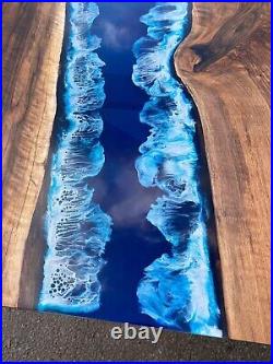 Walnut Dining Table, Custom Walnut Ocean Blue, Turquoise White Waves Table tops