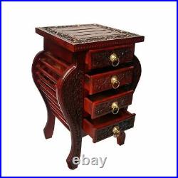 Wooden Floral Hand Carved Bedside Table With 4 Drawers, Glossy Finish Furniture