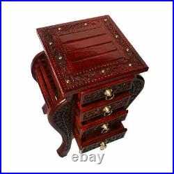 Wooden Floral Hand Carved Bedside Table With 4 Drawers, Glossy Finish Furniture